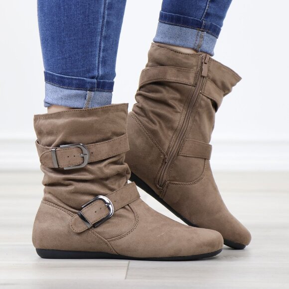 Above Ankle Booties Flat Boots Faux Suede Taupe  Round Toe - Picture 2 of 12